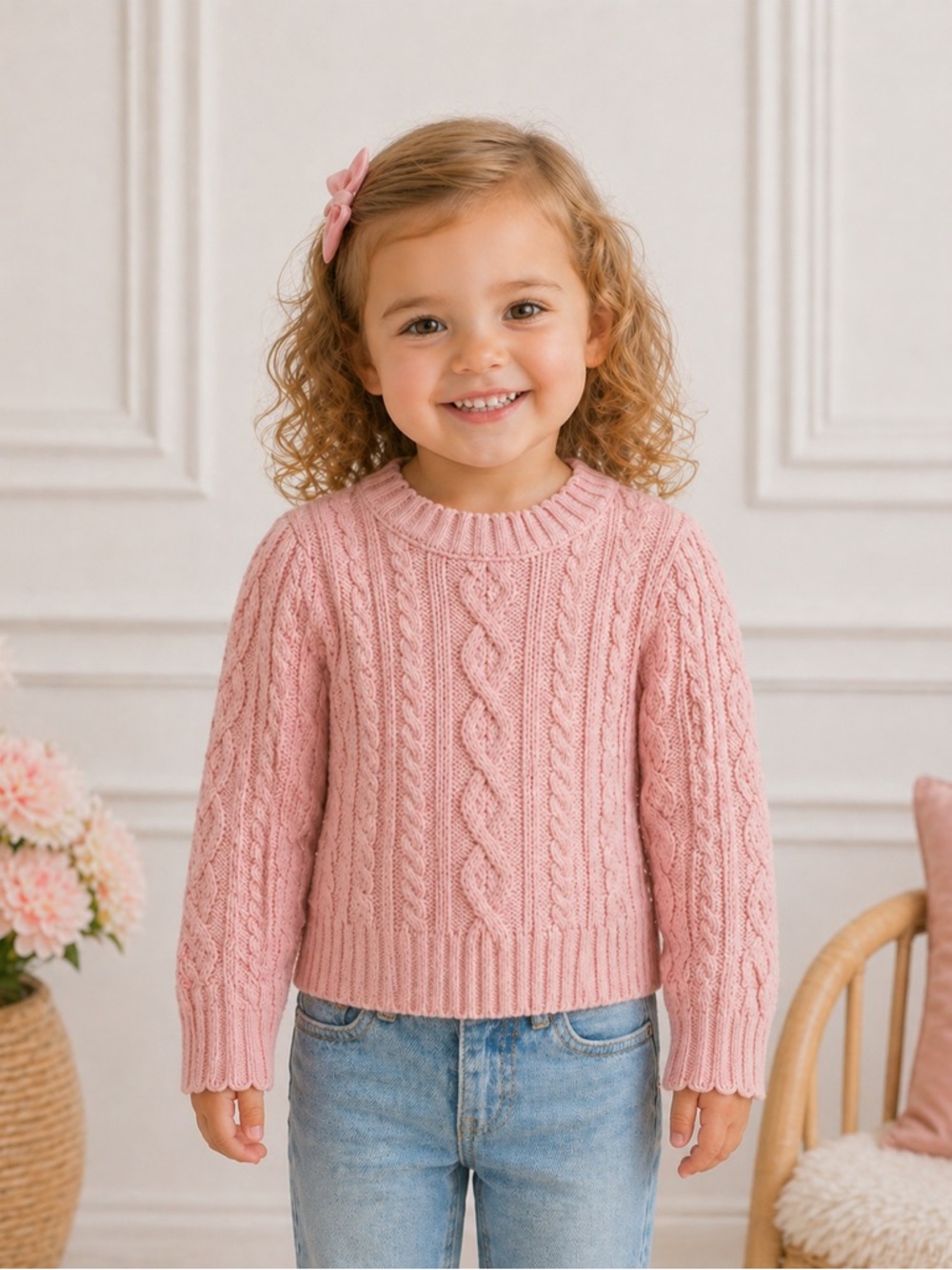 LoveShackFancy x GAP Toddler Puff Sleeve Cable Knit girls Sweater top pink 3T